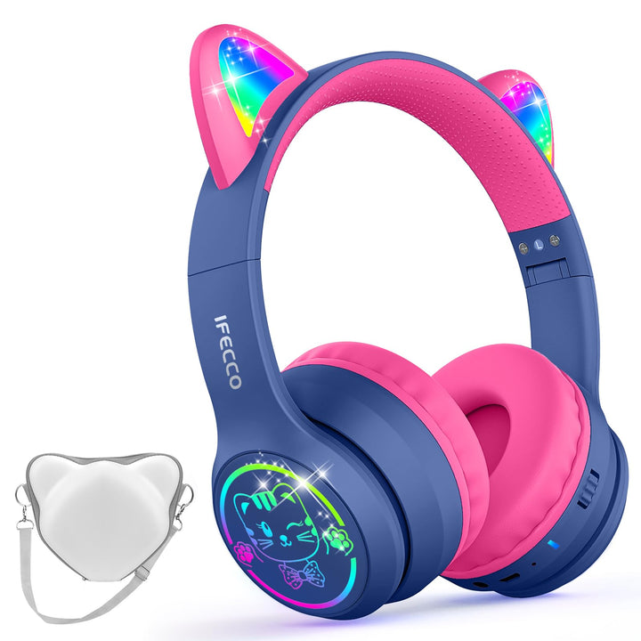 IFECCO Bluetooth Kopfhörer Kinder kabellos mit Aufbewahrungstasche, Kinderkopfhörer Over-Ear mit LED
