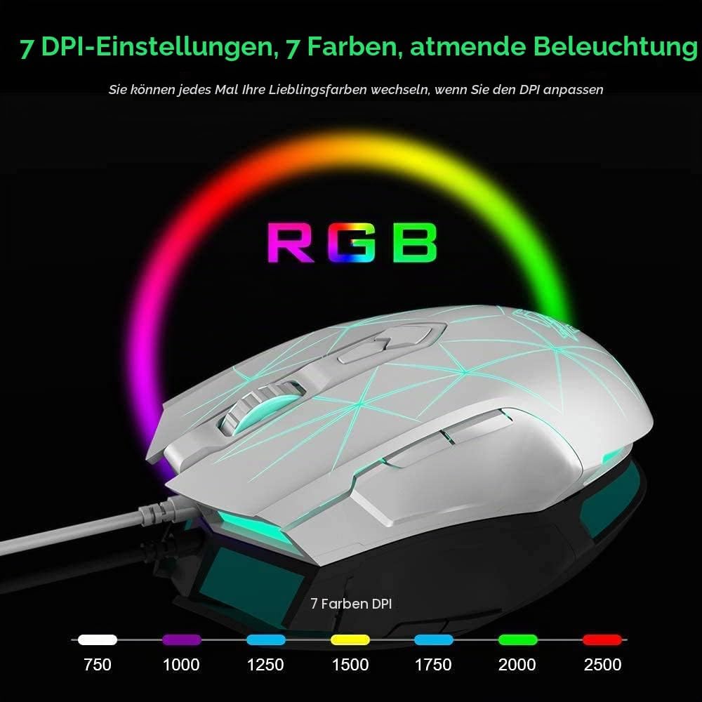 LexonElec Kabelgebundene RGB Gaming Maus, 7 Tasten mit 2500 DPI, ergonomische LED-beleuchtete USB-Ga