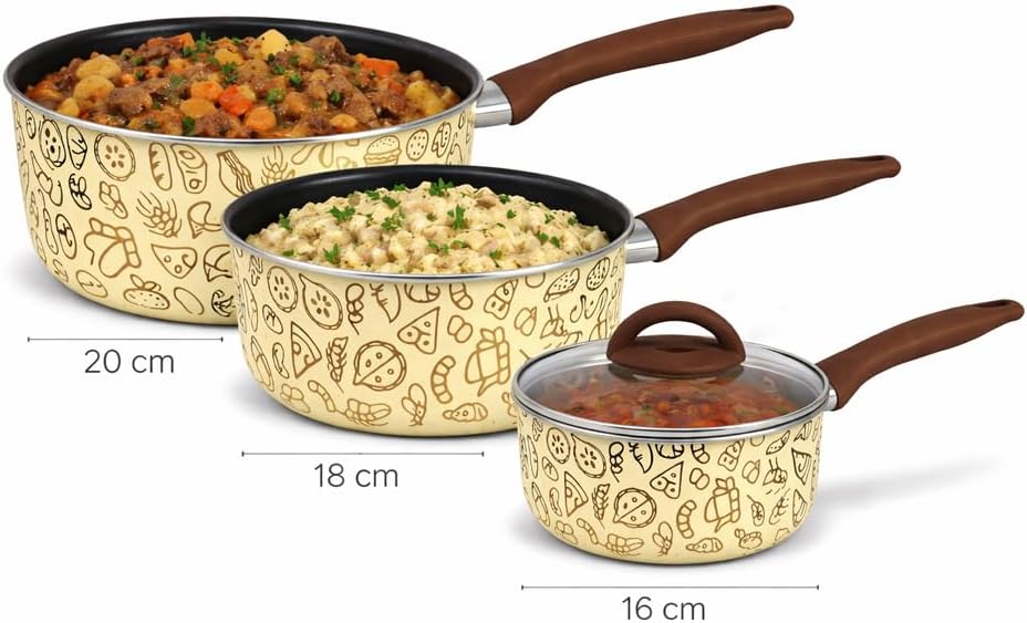 BAKAJI Tris Pastella Stielkasserolle 16-18-20 cm mit 1 Glasdeckel, antihaftbeschichteter Boden, Soft