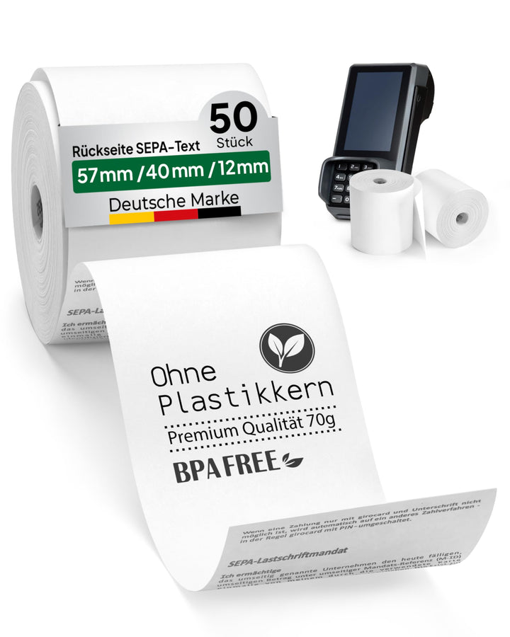 coreless - 50x EC-Thermorollen à 57mm x 40mm x 12mm - EC-Rolle mit Sepa Aufdruck - kernlose Kassenro