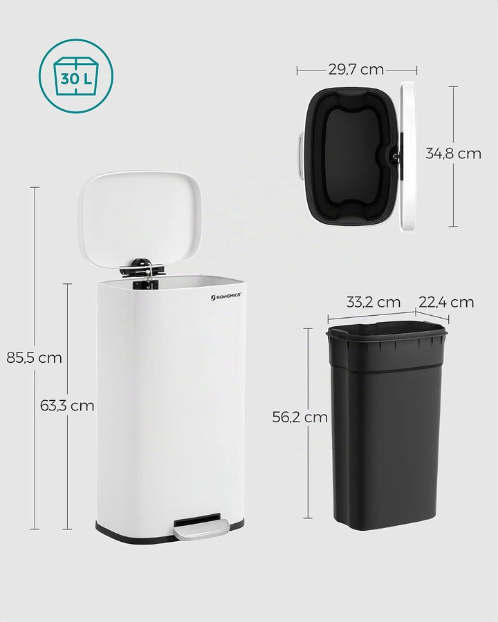 SONGMICS Mülleimer Küche, 30 Liter, Abfalleimer, Treteimer, mit Deckel, Softclose, Fusspedal, Stahl,