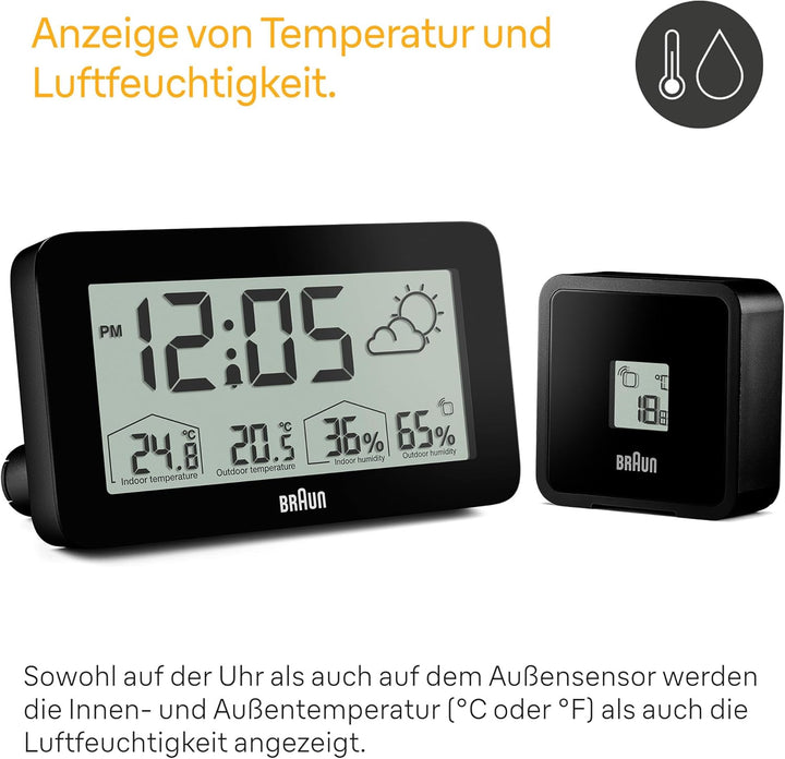 Digitale Braun-Wetterstationsuhr mit Anzeige von Innen- und Aussentemperatur sowie Luftfeuchtigkeit,