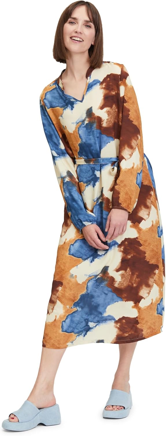 Cartoon Damen Casual-Kleid mit Gürtel 40 Braun/Blau, 40 Braun/Blau