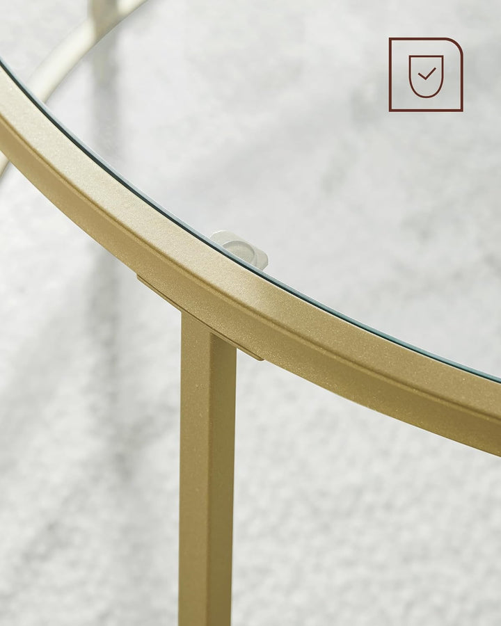 VASAGLE Beistelltisch rund, Glastisch mit goldenem Metallgestell, Kleiner Couchtisch, Nachttisch, So