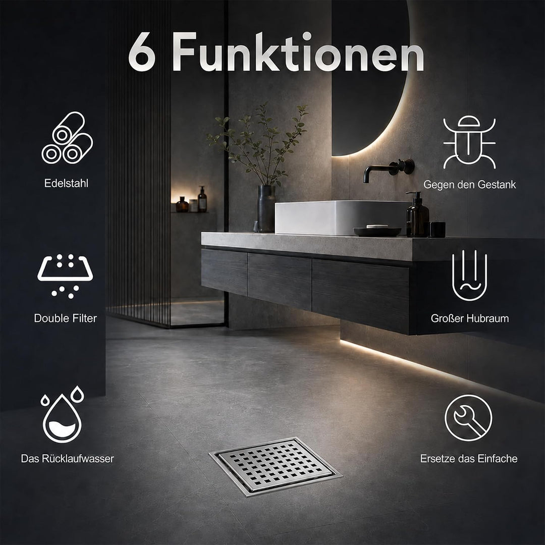 15x15CM Bodenablauf Duschrinne Quadratisch mit Geruchsstop | 2 in1 Befliesbar Ablaufrinne Duschablau