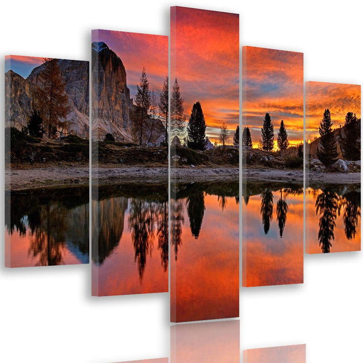 Bilder Landschaft 100x70 cm - Leinwandbild - 5 Teilig - Kunstdruck Berg See rot Leinwandbild 100x70