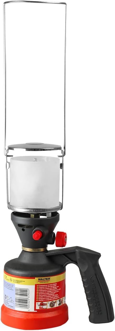 WALTER Gas Camping Lampe mit Piezo Zündung, inkl. 3 Glühstrümpfe | Stufenlos regulierbare Helligkeit