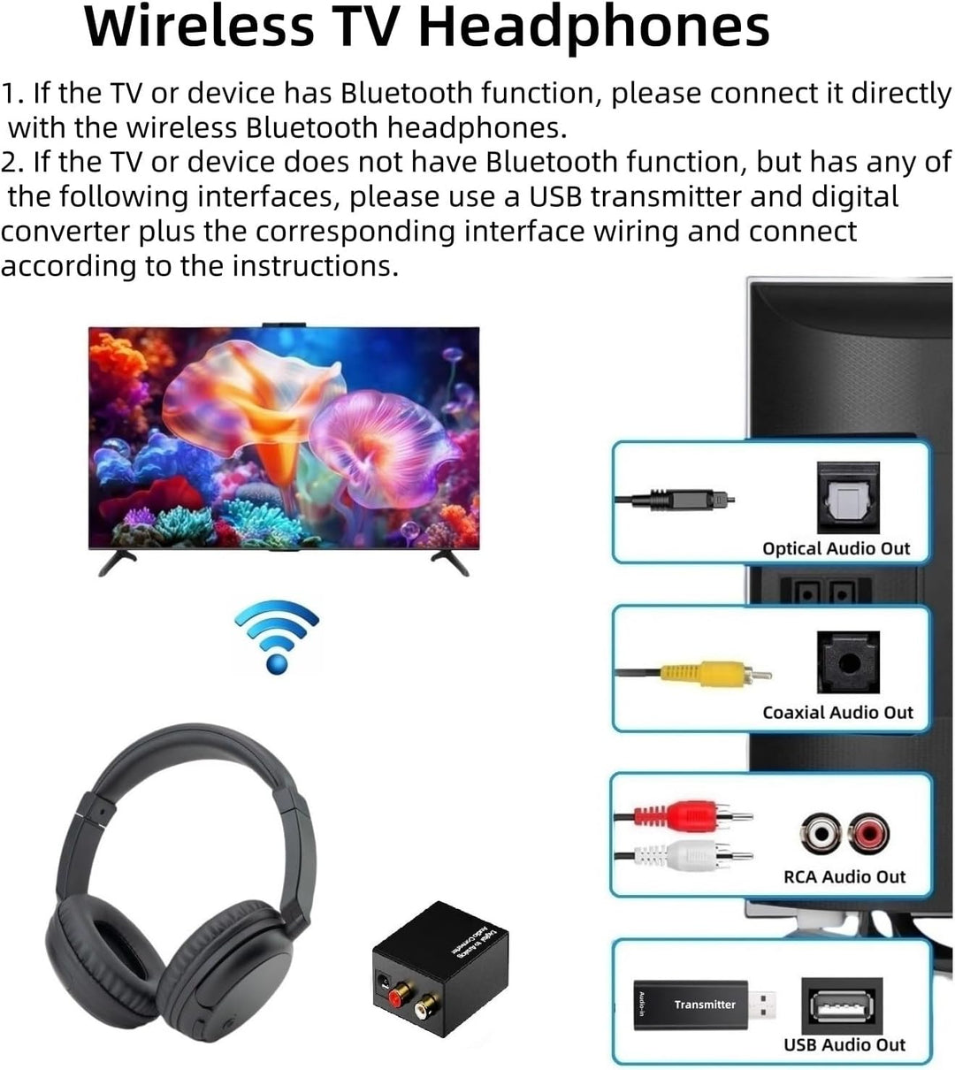 Kabelloses TV-Kopfhörer mit USB Transmitter für Senioren, Bluetooth5.3 Über-Ohr Headset, 30 Stunden