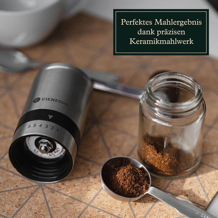 Kaffeemühle manuell aus Edelstahl - Handkaffeemühle mit Keramikmahlwerk & 6 Mahlstufen | kompakte Ka