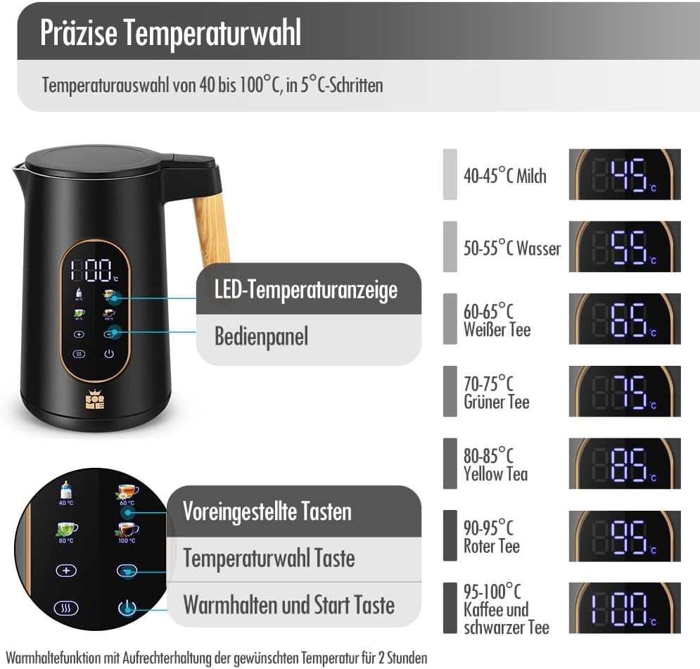 ForMe Edelstahl Wasserkocher 1,7 L mit Temperatureinstellung Temperaturwahl 40-100°C I LED Digitale