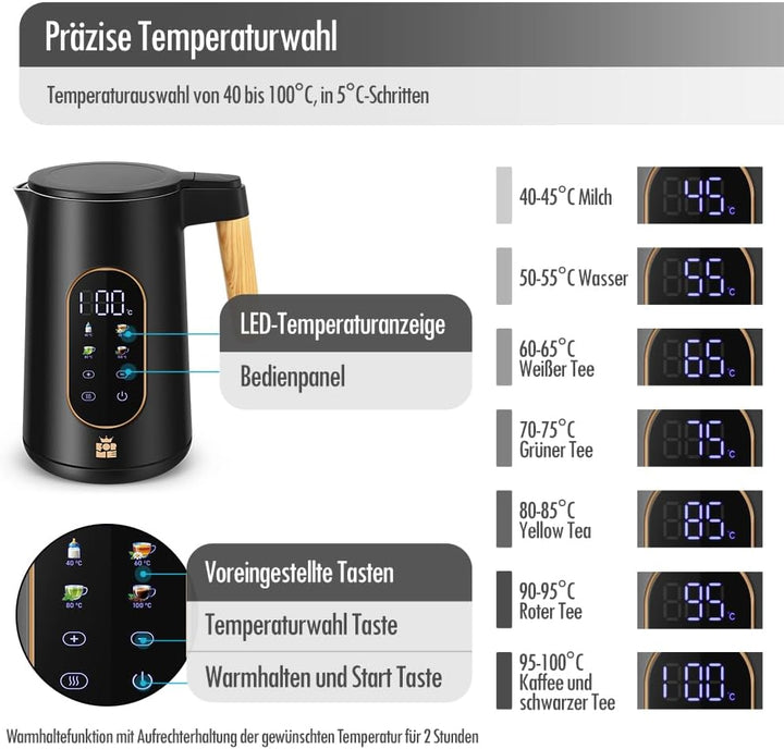 ForMe Edelstahl Wasserkocher 1,7 L mit Temperatureinstellung Temperaturwahl 40-100°C I LED Digitale