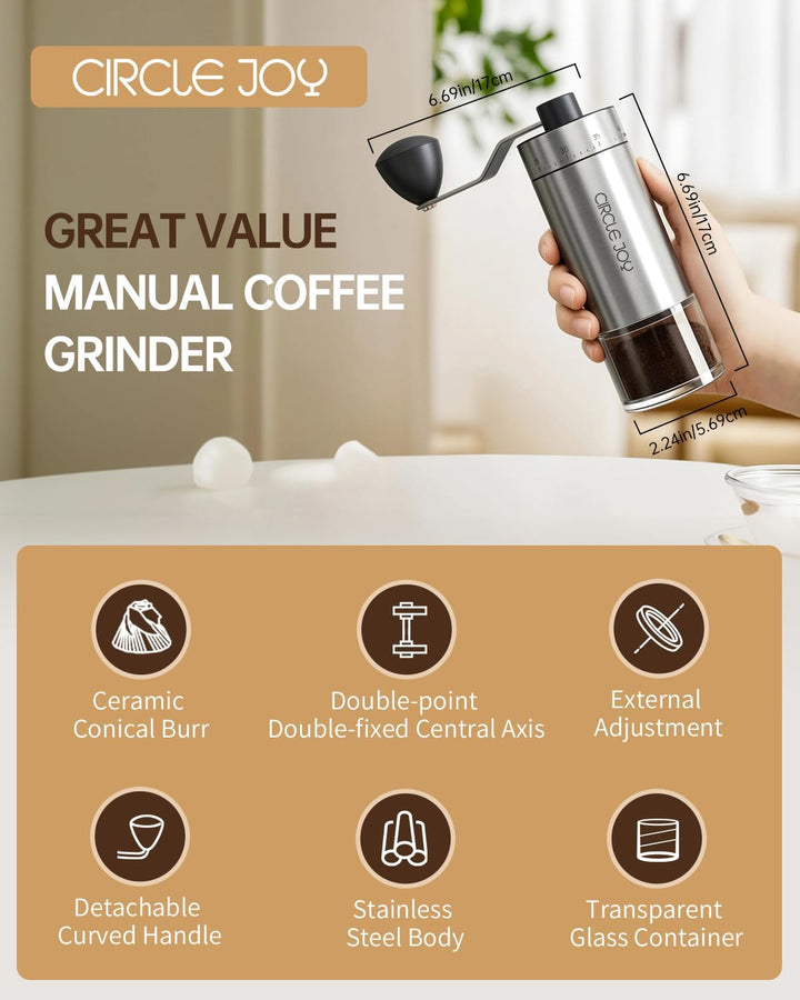 CIRCLE JOY Tragbare Manuelle Kaffeemühle mit keramischem Konischem Frässtift und 40 Externen Einstel