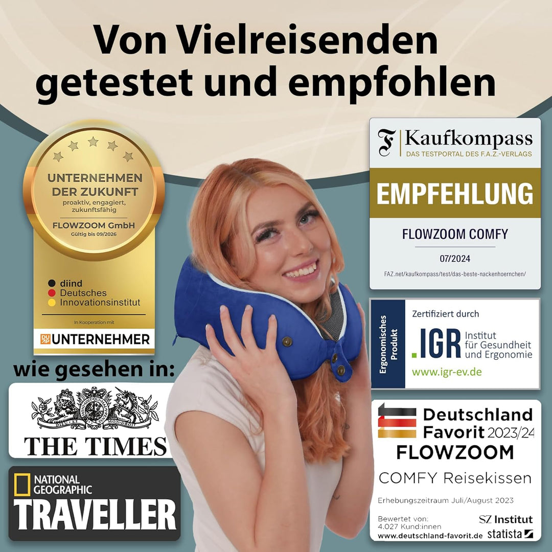 FLOWZOOM Comfy Nackenkissen Flugzeug & Auto - Einstellbares Memory Foam Reisekissen mit flexiblen Dr