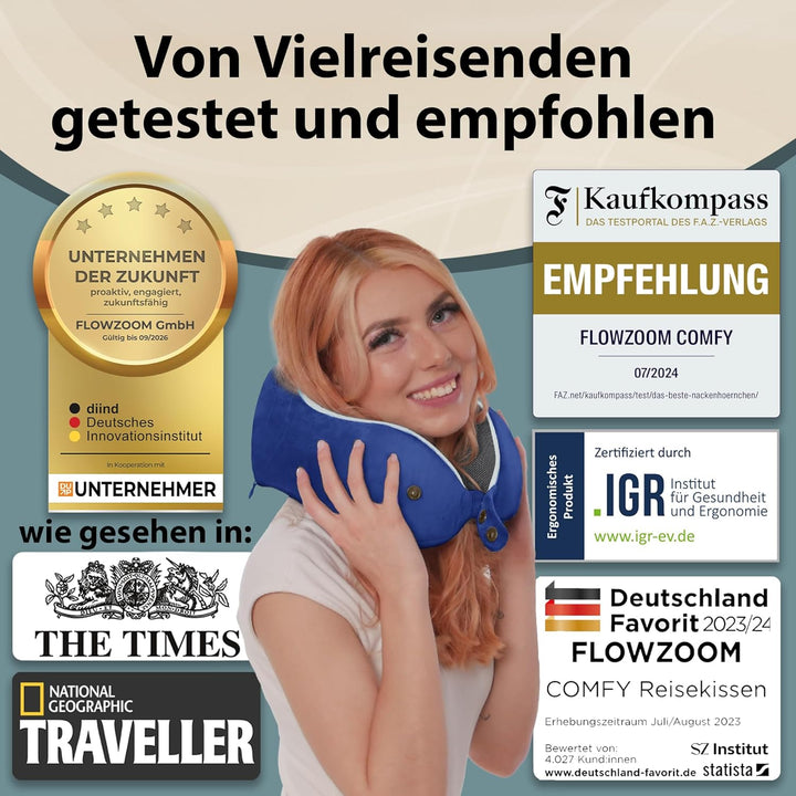 FLOWZOOM Comfy Nackenkissen Flugzeug & Auto - Einstellbares Memory Foam Reisekissen mit flexiblen Dr