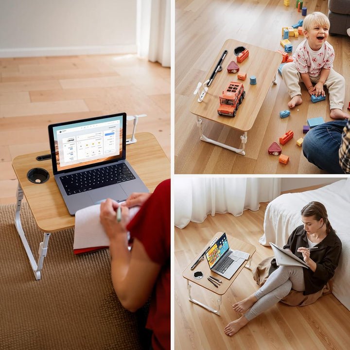Warmiehomy Laptoptisch fürs Bett, Höhenverstellung Tablettisch mit klappbaren Beinen & Getränkehalte