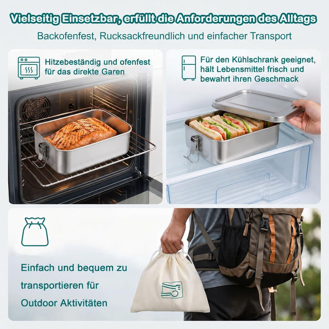 TEAMFAR Brotdose, Edelstahl Bento Lunch Box mit Fächern &amp; Tasche 1400ml | 2 Herausnehmbare Trennwänd