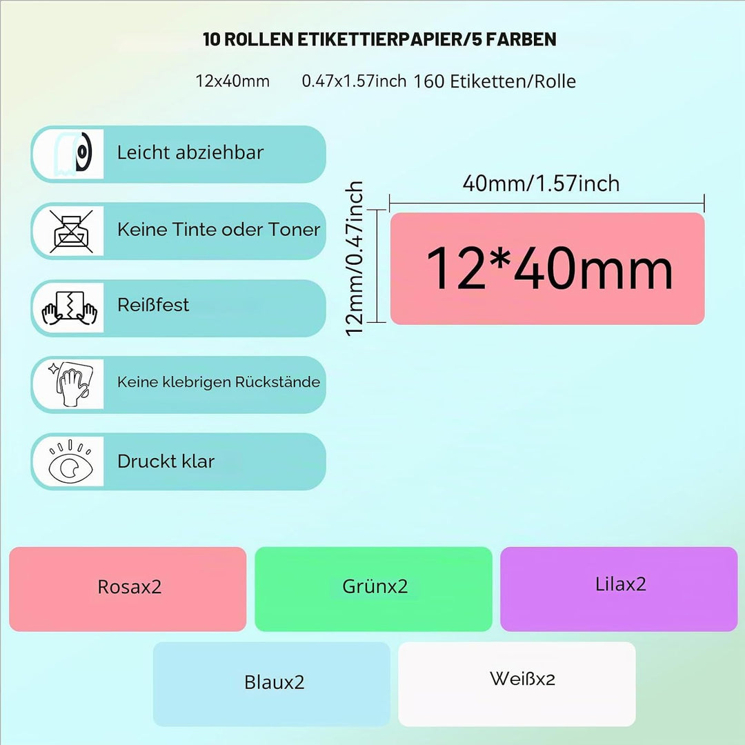 D30 P15 P11 Etikettenhersteller-Band, 12 x 40 mm Etikettendruckpapier, Standard-laminiertes Büro-Eti