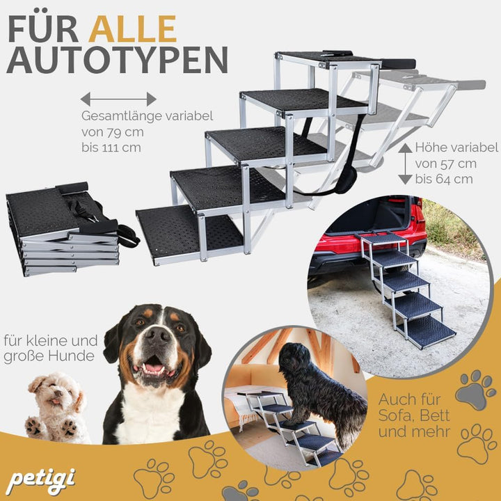 Hundetreppe für Auto 5 Stufen klappbar, 70 kg Belastbarkeit Hund Anti Rutsch Einstiegshilfe faltbar