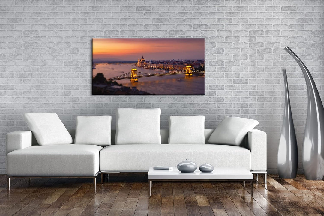 Budapest bei Abenddämmerung Panorama 80x40 cm als Leinwandbild, Motiv fertig gerahmt auf Echtholzrah