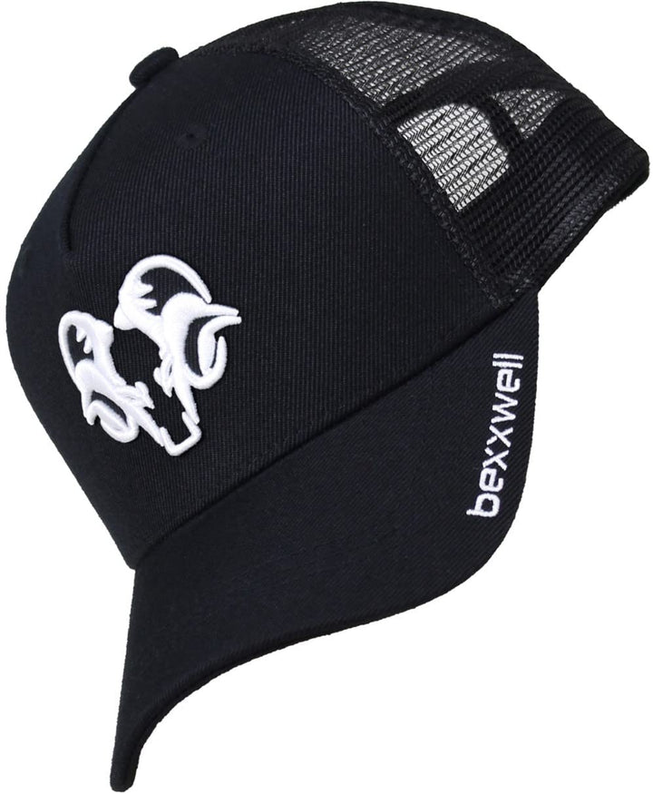 Bexxwell Trucker Cap schwarz mit 3D Logo-Stickerei in weiss (optimale Passform, Kappe, Black, White,