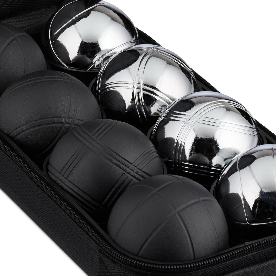 Relaxdays Boule Kugeln, 8 Metall-Kugeln, Set mit Zielkugel & Abstandsmesser, Tragetasche, Boccia Spi