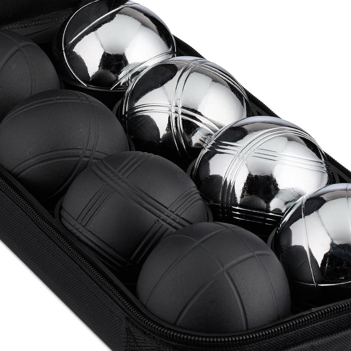 Relaxdays Boule Kugeln, 8 Metall-Kugeln, Set mit Zielkugel & Abstandsmesser, Tragetasche, Boccia Spi