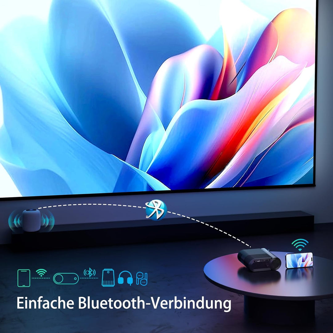 Vamvo Tragbarer Beamer, WiFi Projektor 1080P 200" Tragbarer Filmprojektor, Aussenprojektoren mit sti