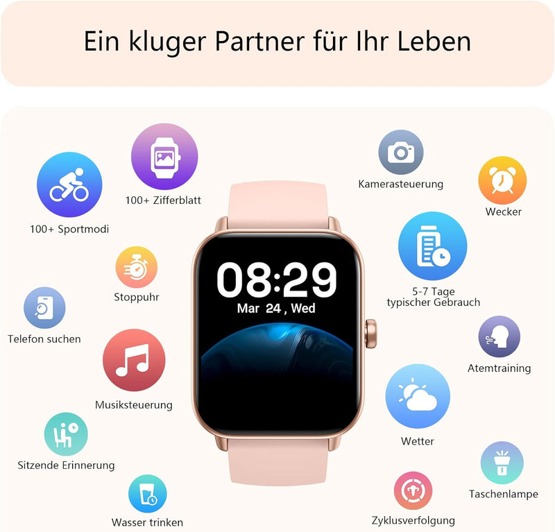 Smartwatch Damen mit Telefonfunktion Alexa Integriert 1.8" Fitnessuhr 100+ Sportmodi, SpO2, Herzfreq