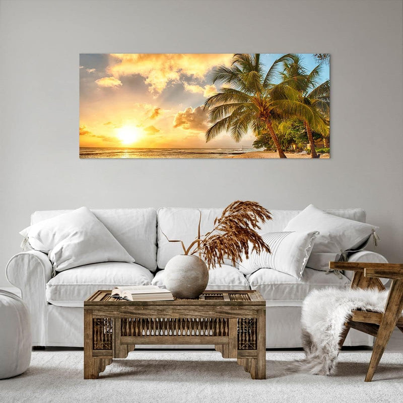 Wandbilder Dekoration Wohnzimmer Strand Meer Palme Panorama Bilder auf Leinwand 120x50cm Leinwandbil