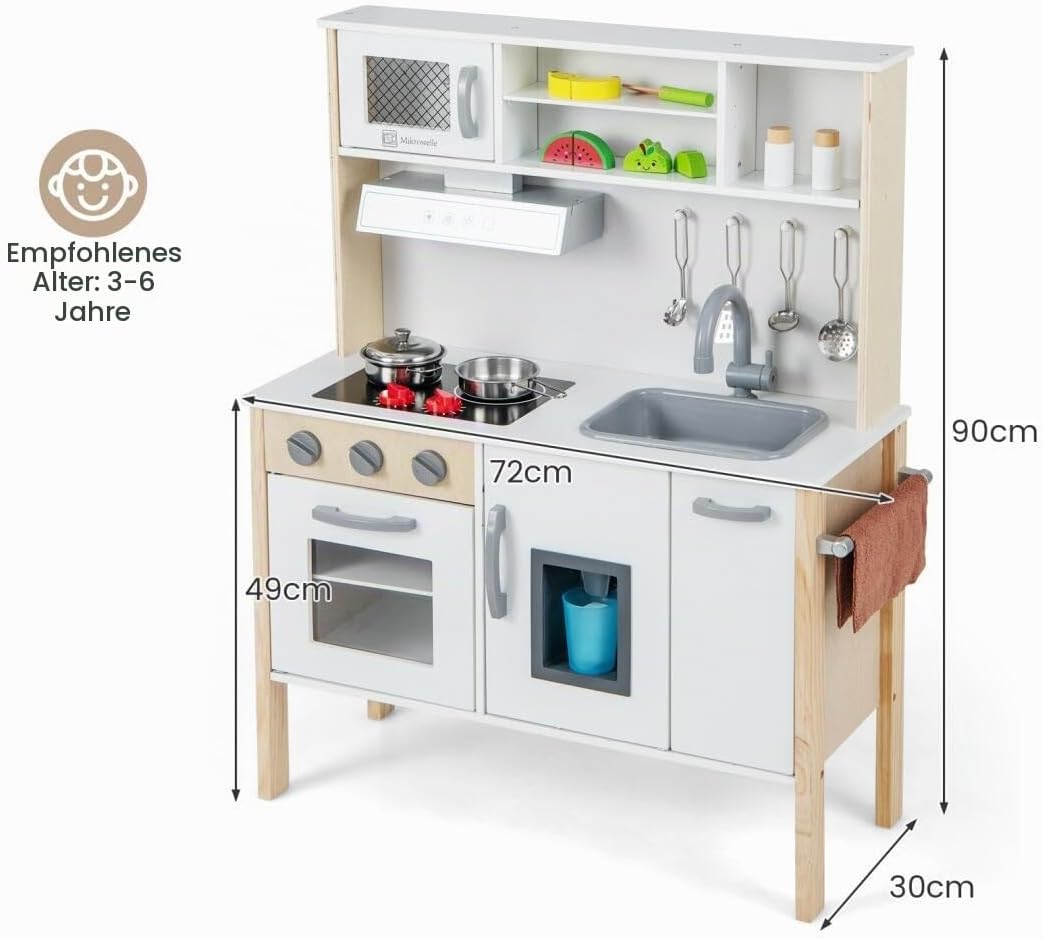 HOMASIS Spielküche mit 18 Zubehör, Kinderküche Holz, Spielzeugküche mit Spüle Herd Backofen Mikrowel