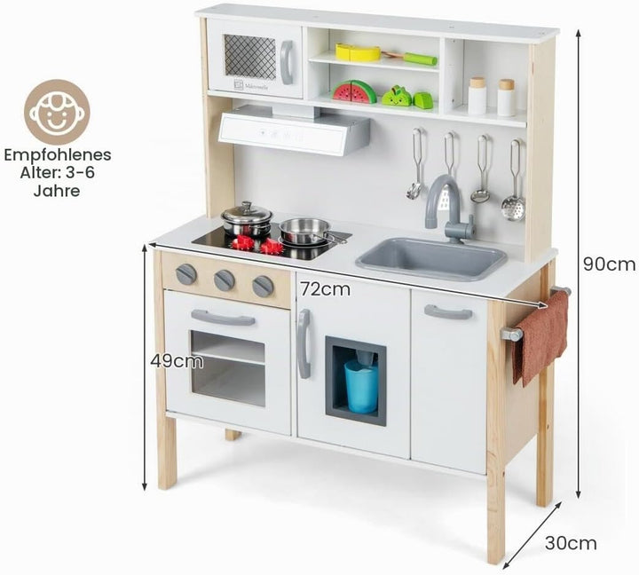 HOMASIS Spielküche mit 18 Zubehör, Kinderküche Holz, Spielzeugküche mit Spüle Herd Backofen Mikrowel