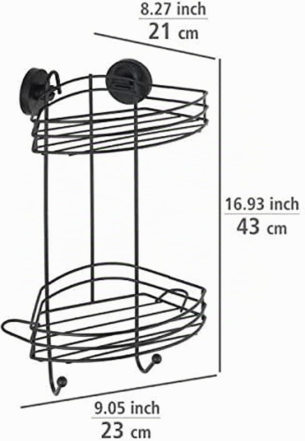 WENKO Vacuum-Loc® Eckregal 2 Etagen Schwarz, Duschablage mit 2 Ebenen und 2 Haken aus lackiertem Sta