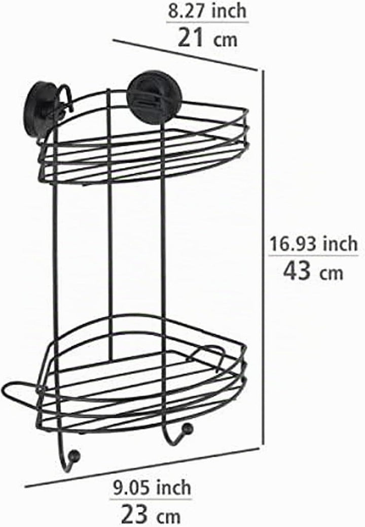 WENKO Vacuum-Loc® Eckregal 2 Etagen Schwarz, Duschablage mit 2 Ebenen und 2 Haken aus lackiertem Sta