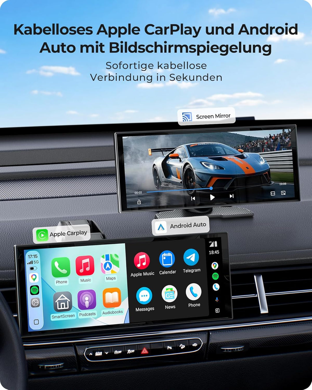10,26" Drahtloses Tragbarer 60FPS Car Play Display mit 4K Dashcam Vorne HD Hinten für Apple Carplay