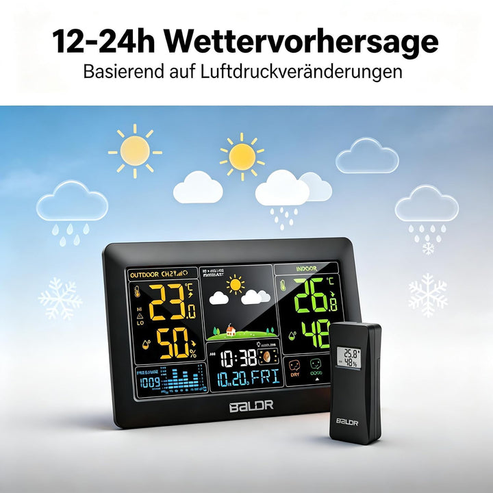 Konsen Wetterstation funk mit Aussensensor DCF Funkuhr, Grosses Farbdisplay mit Innen und Aussentemp