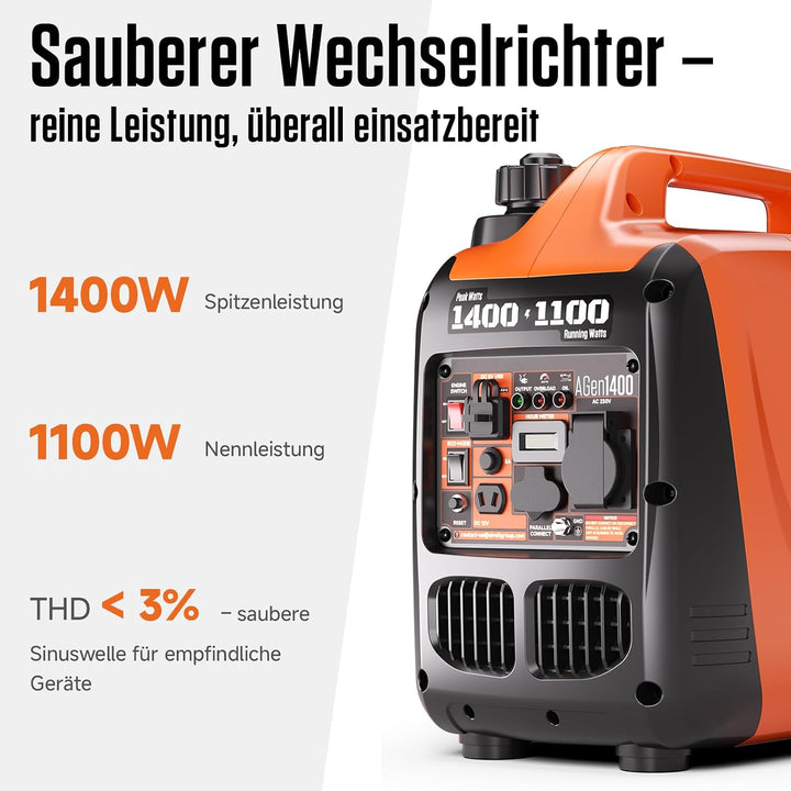 AIVOLT Inverter Stromerzeuger 1400 Watt Notstromaggregat Benzin leise Stromaggregat für Campen, Fest
