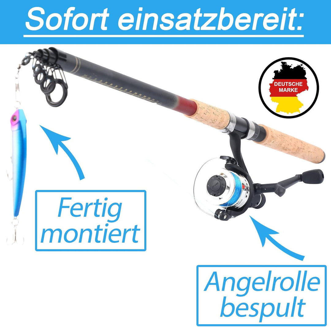 Q-Tac - Angelset Hecht/Zander mit Kescher [Angelfertig montiert & Angelrolle bespult], Angel Set kom
