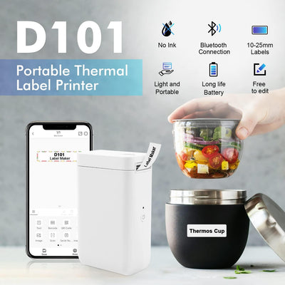 Smart Label Printer D101 mit Rollenpapier, kabelloser Bluetooth 12–25 mm Etikettendrucker, einfach z