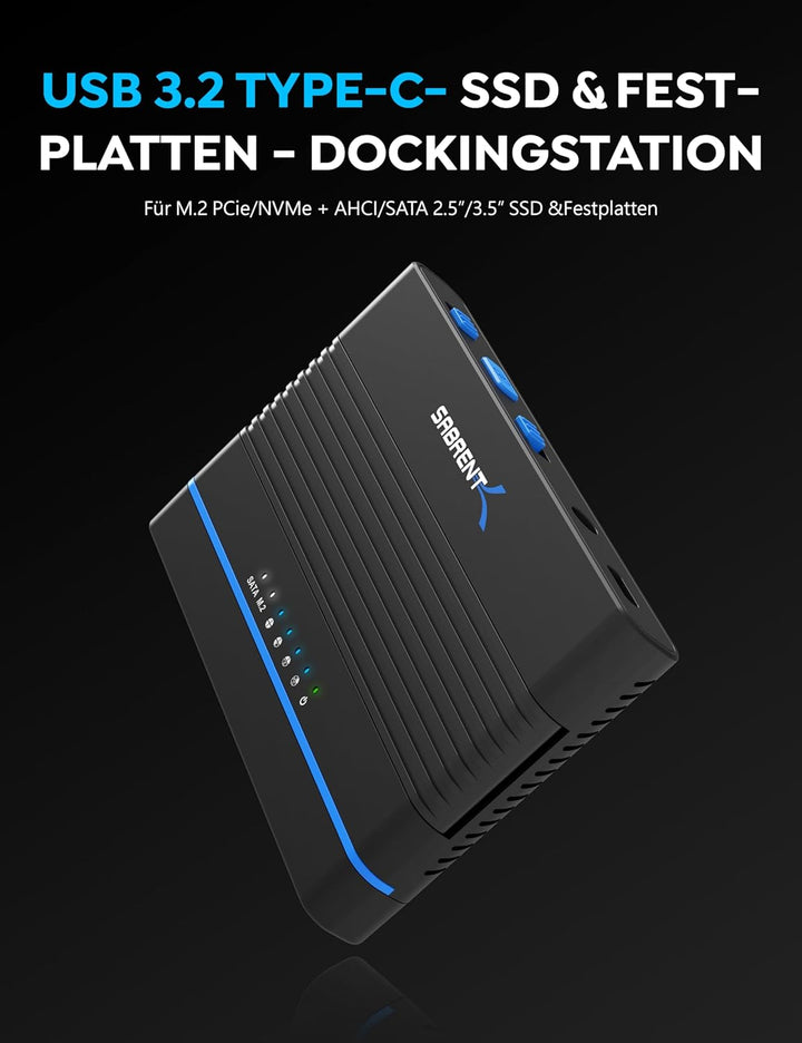 SABRENT M.2 SSD & HDD Festplattengehäuse, 2,5" 3.5" SATA & M2 NVMe Adapter, USB C 10Gbps mit Offline