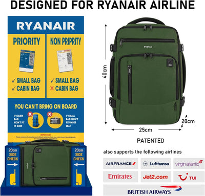 ECOHUB Rucksack 40x20x25 für Ryanair Flugzeug Reiserucksack Handgepäck Gepäck Laptop Daypacks PET-Re