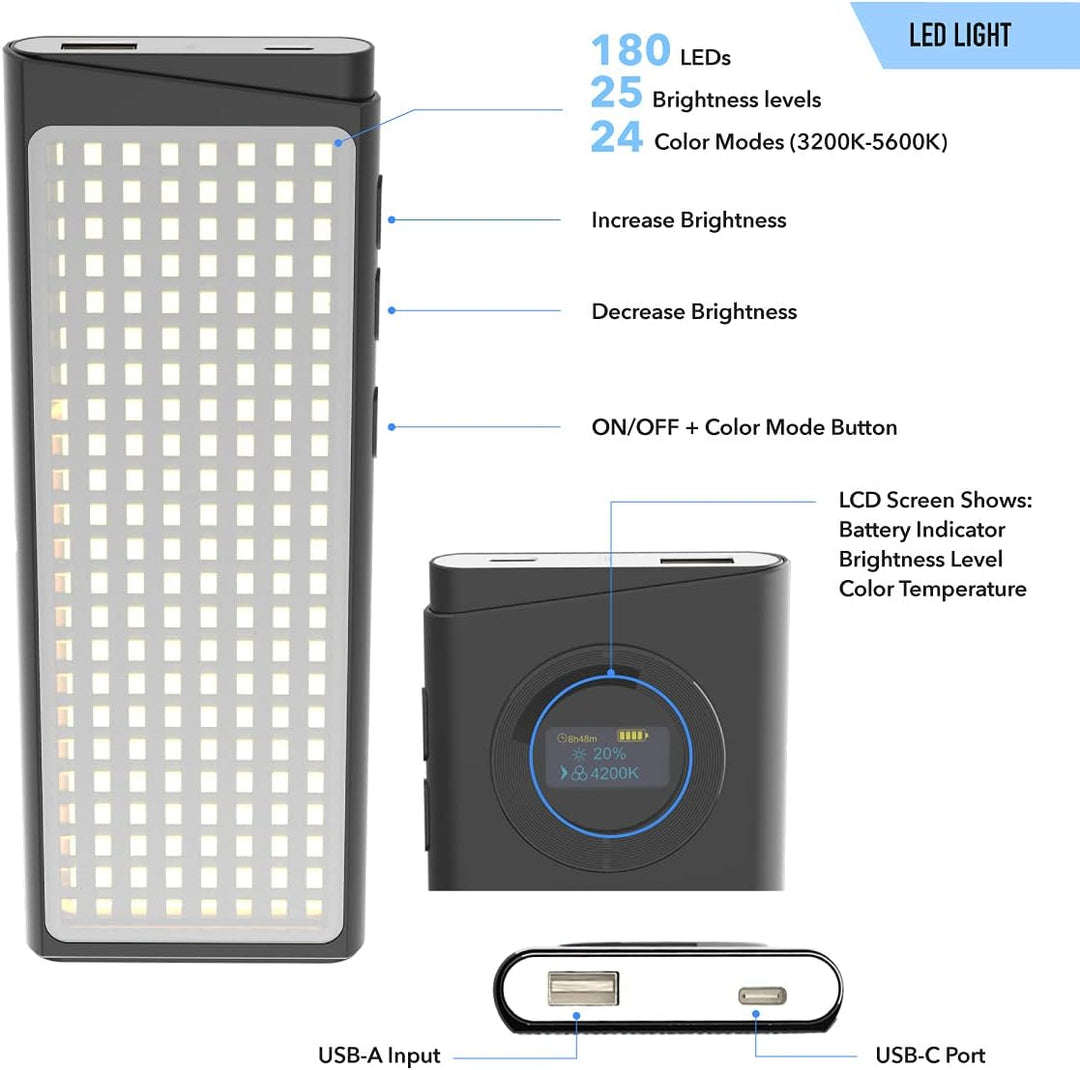 DigiPower Pro 3 professionelles Belichtungsset, 3er-Pack, dimmbares 5600K 180-LED-Videolicht mit ver