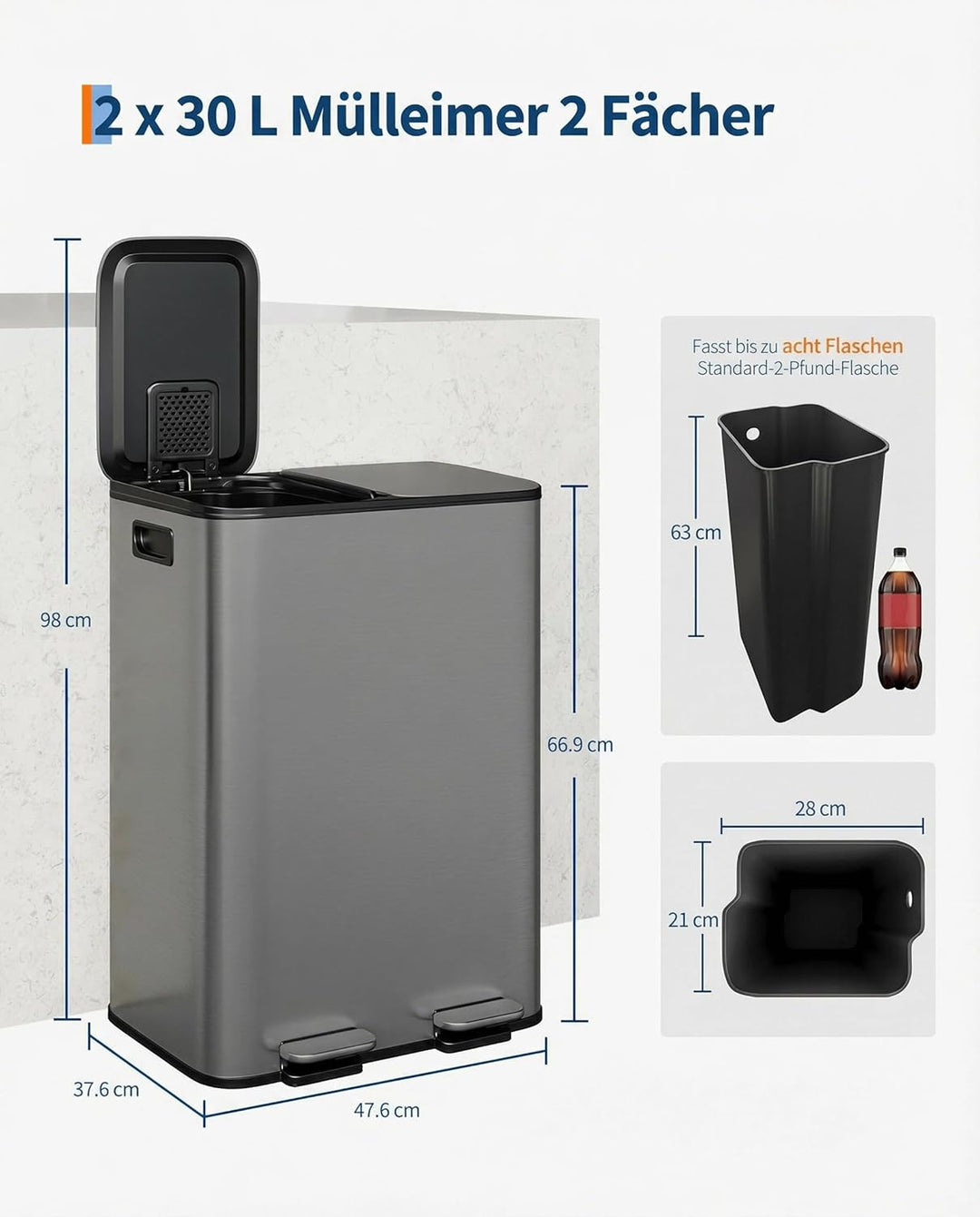 GarveeHome Mülleimer Küche, 2 x 30 L, Mülltrennsystem 2 Fächer, Metall-Tretmülleimer mit Seitlichem