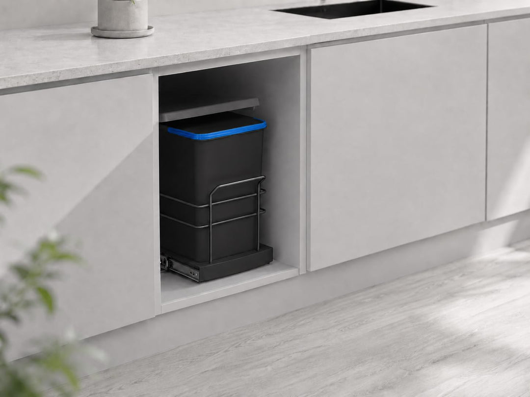ROOMART Einbau-Mülleimer Küche ausziehbar 2x12L Mülltrennsystem Unterschrank Hellgrau Schwarz (Schwa