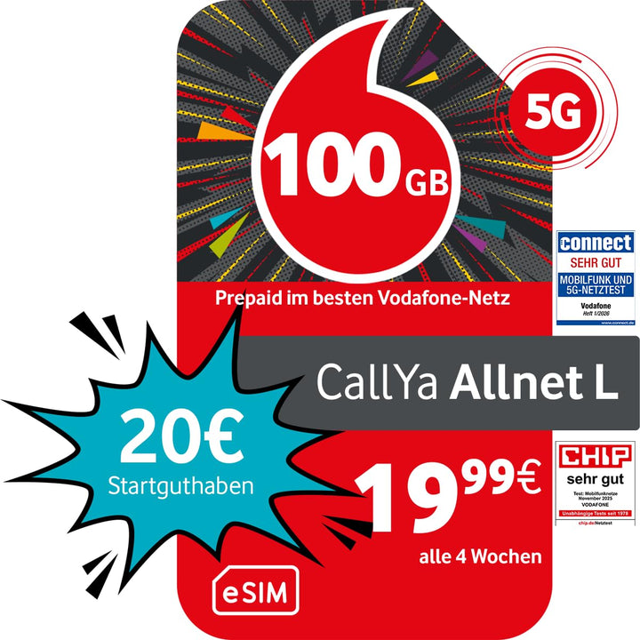 Vodafone Prepaid CallYa Digital eSIM | 35 GB | 20 EUR Startguthaben | ohne Vertrag | 5G-Netz | Telef