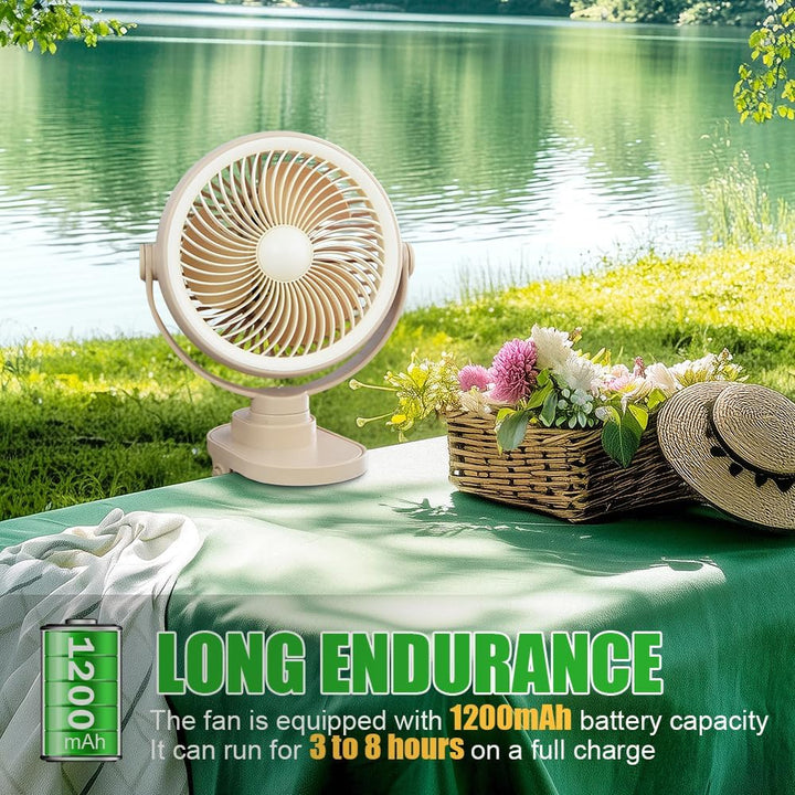 Camping Ventilator mit LED Nachtlicht , Wiederaufladbarer USB-C Klein Clip Ventilator mit Akku, 5 Ge