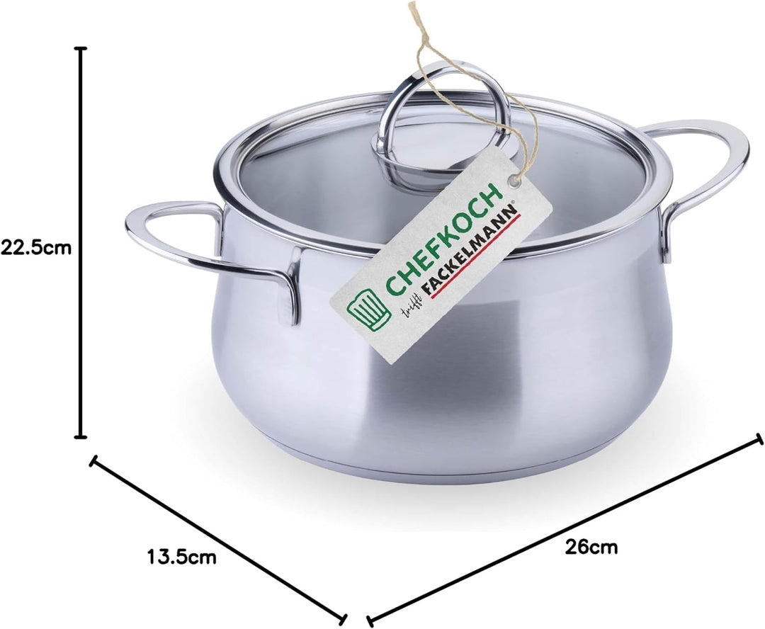 FACKELMANN Chefkoch Kochtopf mit Glasdeckel Leipzig – ø20cm Edelstahl 18/8, Aluminium-Kern, für alle