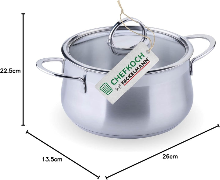 FACKELMANN Chefkoch Kochtopf mit Glasdeckel Leipzig – ø20cm Edelstahl 18/8, Aluminium-Kern, für alle