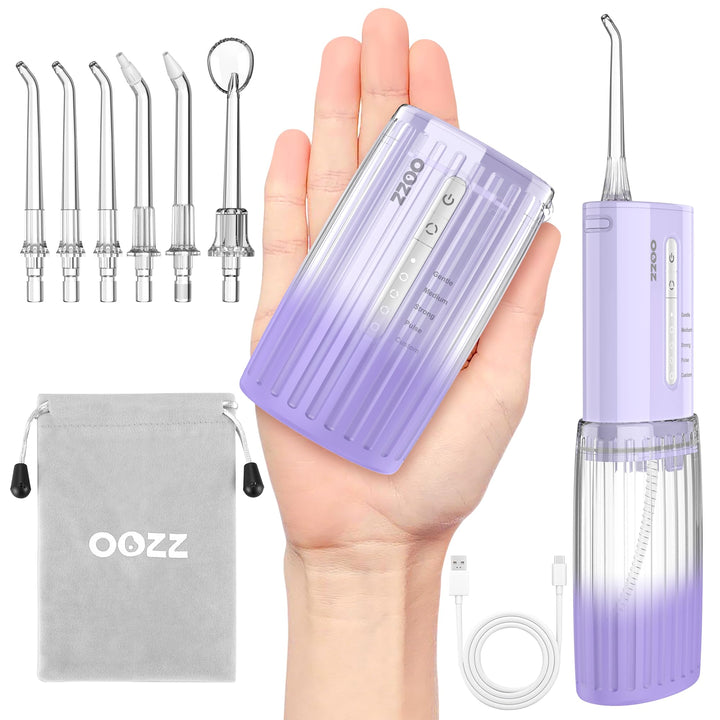 OOZZ Travel Water Flosser, Schnurlose Taschenmunddusche, 5 Druckmodi, 6 Strahlspitzen, USB-wiederauf