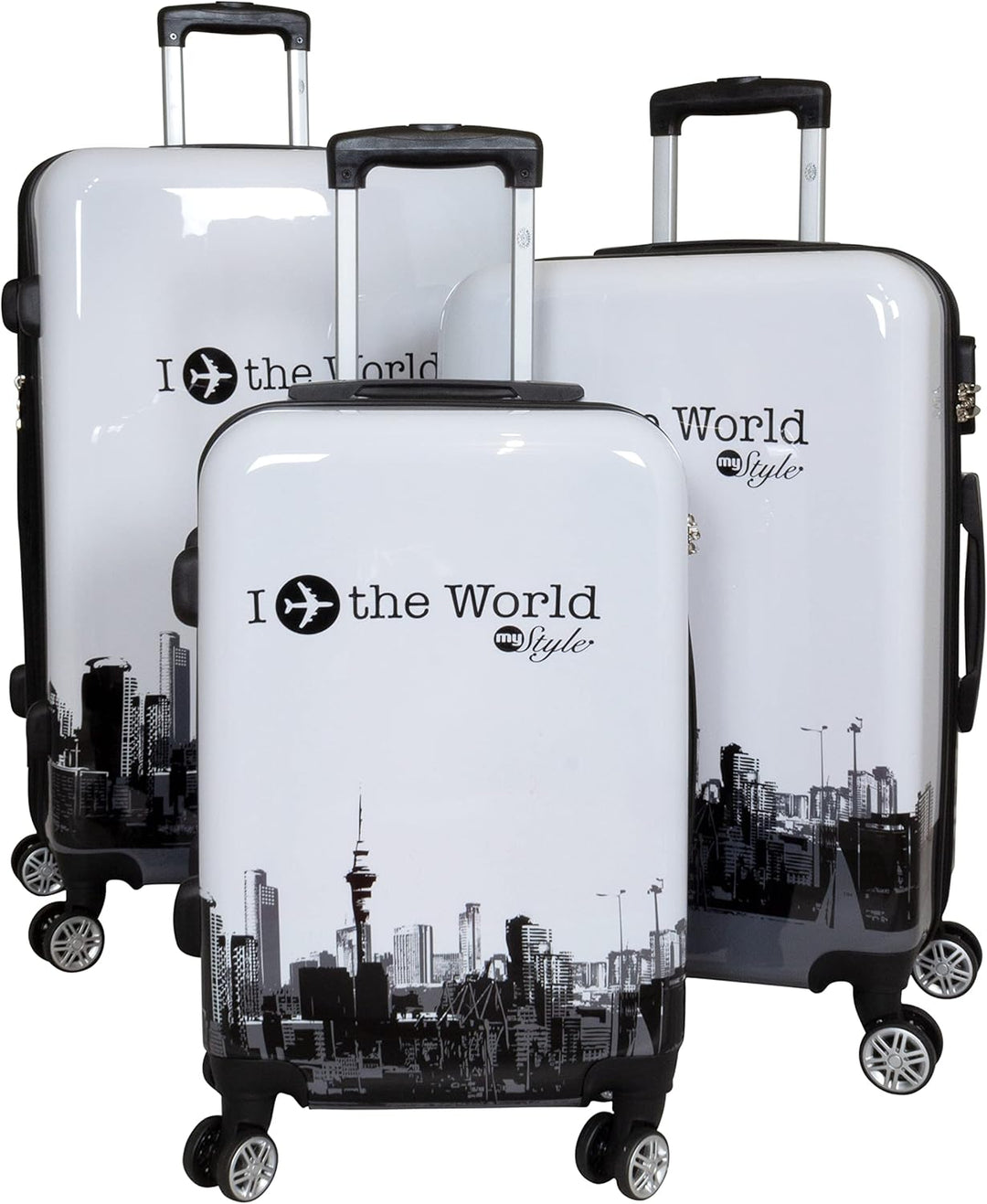Trendyshop365 Hartschalen Koffer-Set 3-teilig mit Motiv Bedruckt - Fly The World Weiss - 4 Rollen Fl