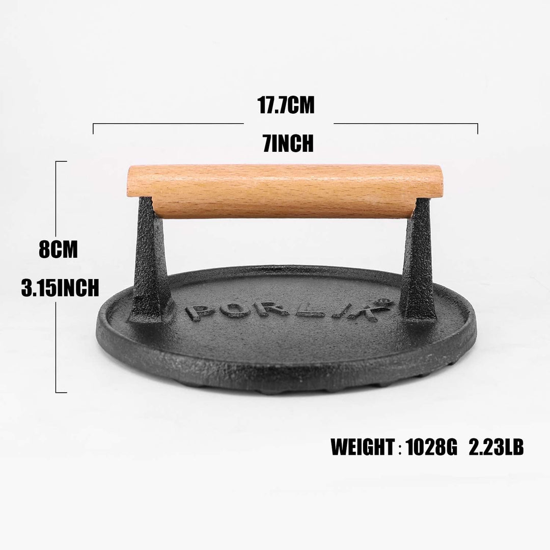 porlik Burgerpresse Gusseisen,Gro?er Burger Smasher (17.7cm) mit hitzeabweisendem Griff,Burger Press